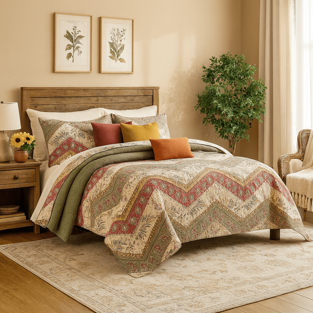 DaDa Bedding Rustic Bohemian Cranberry Sage Chevron Floral Bedspread Set (JHW-924)-2