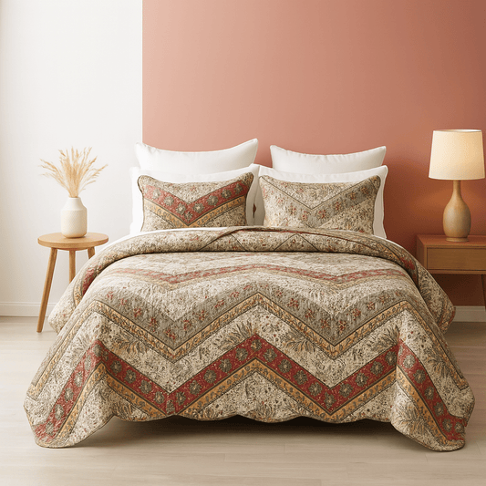 DaDa Bedding Rustic Bohemian Cranberry Sage Chevron Floral Bedspread Set (JHW-924)-0