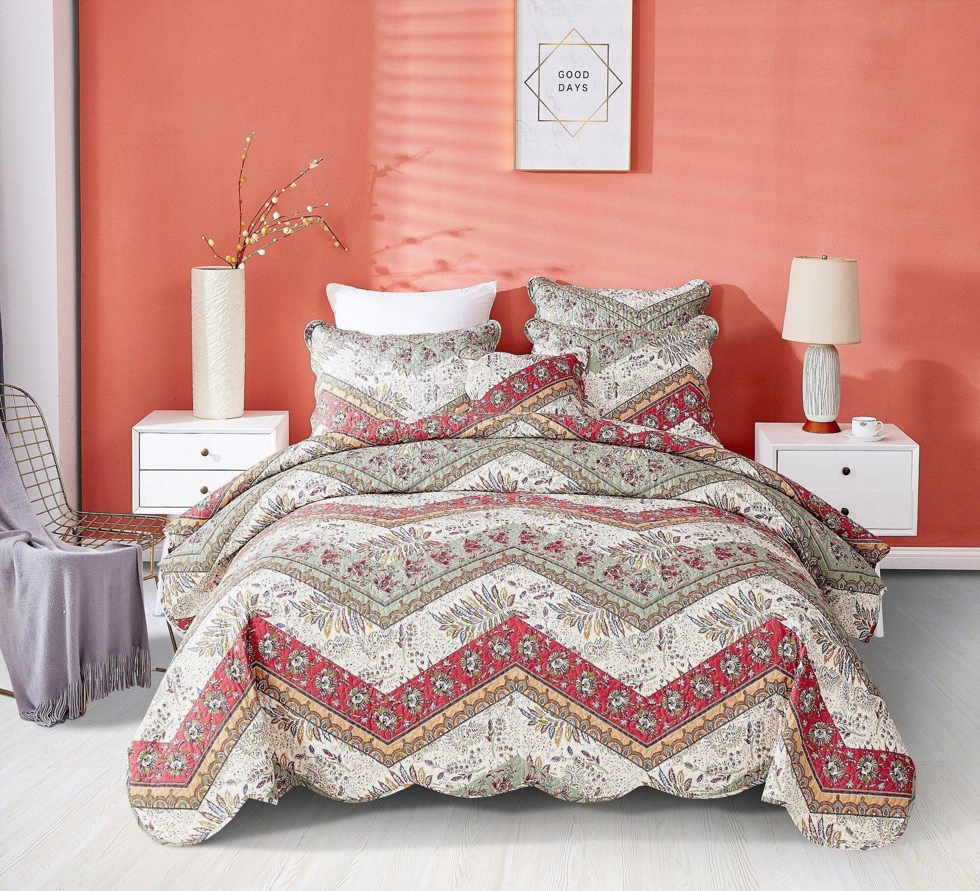 DaDa Bedding Rustic Bohemian Cranberry Sage Chevron Floral Bedspread Set (JHW-924)-3