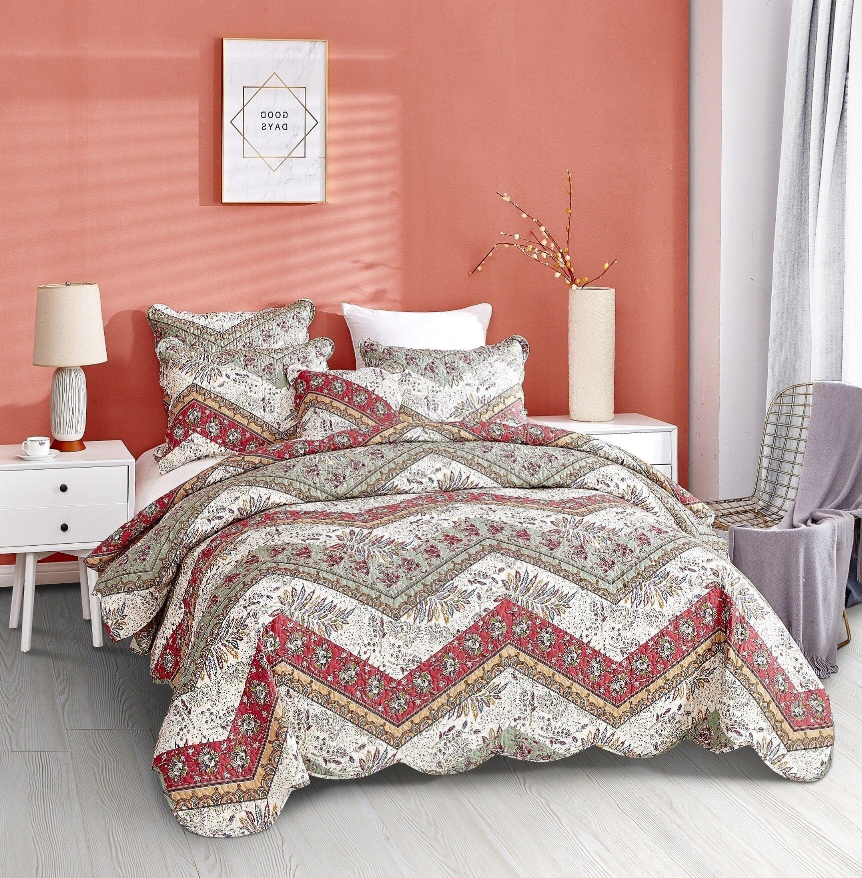 DaDa Bedding Rustic Bohemian Cranberry Sage Chevron Floral Bedspread Set (JHW-924)-4